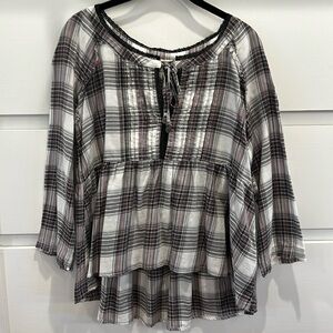 Odd Molly, tie neck, plaid cotton babydoll blouse. Great details,